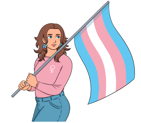 A drawing of a transfeminine person holding a trans pride flag on their shoulder.